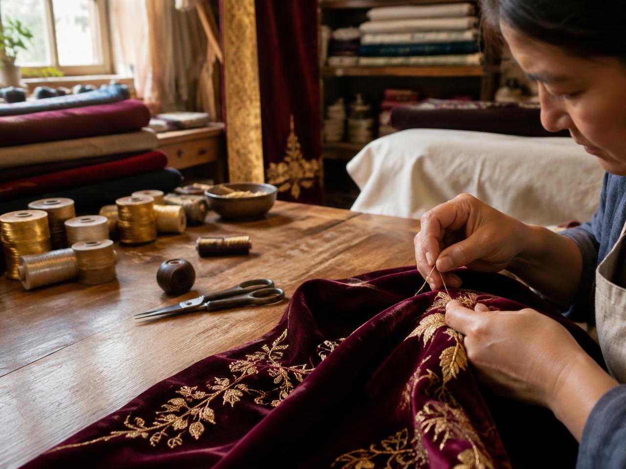 Artisan embroidering gold thread on velvet
